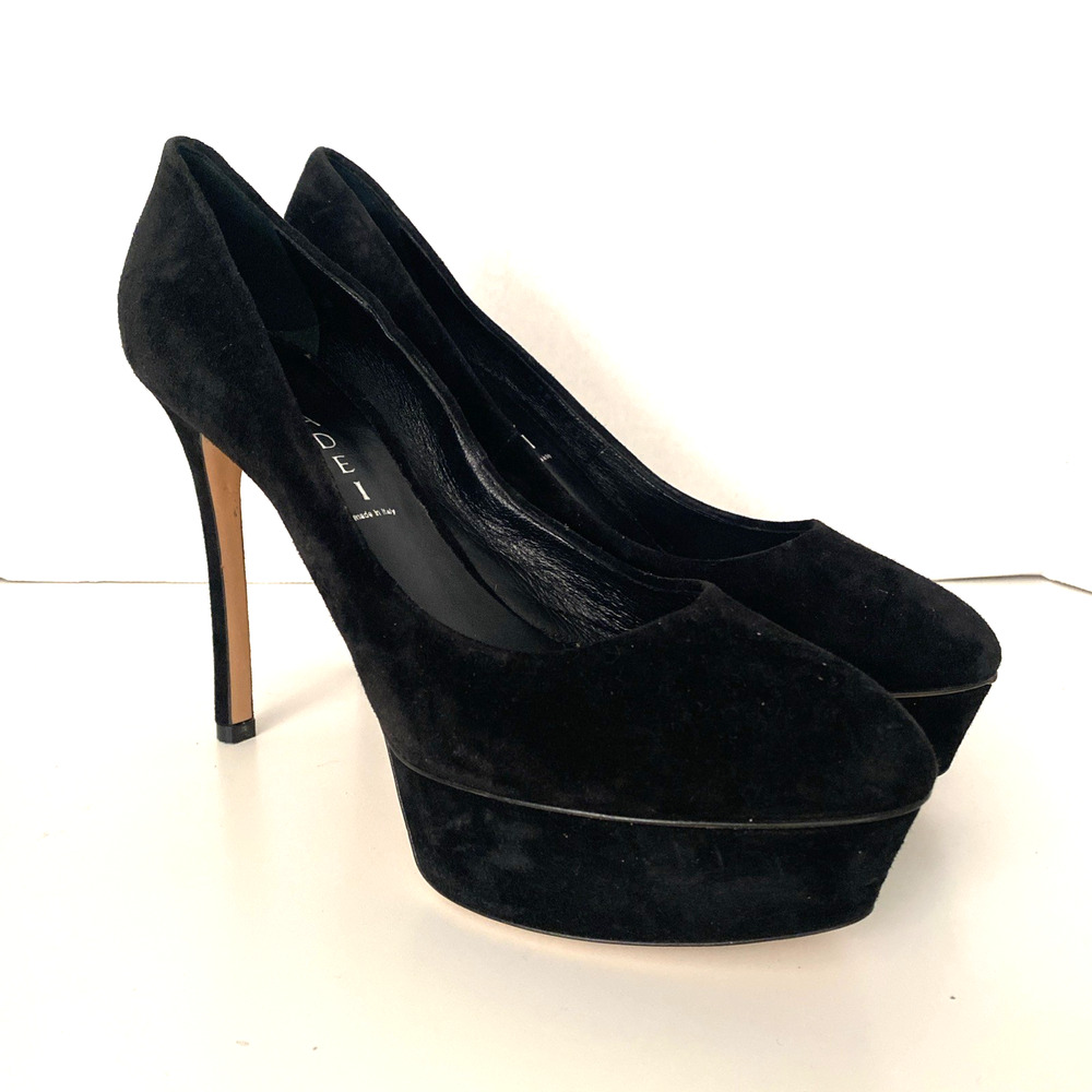 Casadei Pump Black Suede Platform Almond Toe 4.5" Slim Stiletto Heel 9.5